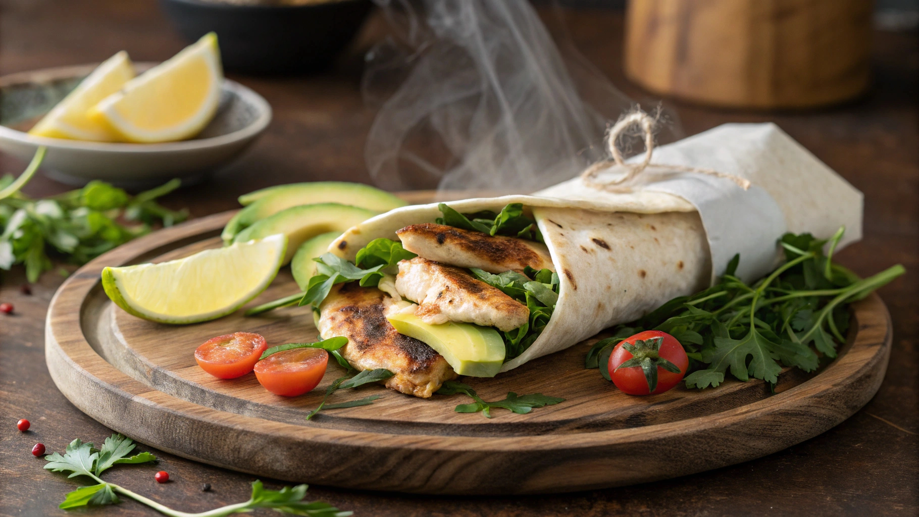 Grilled chicken wrap served on a rustic wooden plate, garnished with fresh greens, avocado slices, and cherry tomatoes.