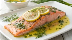 A beautifully plated King salmon fillet marinated with lemon