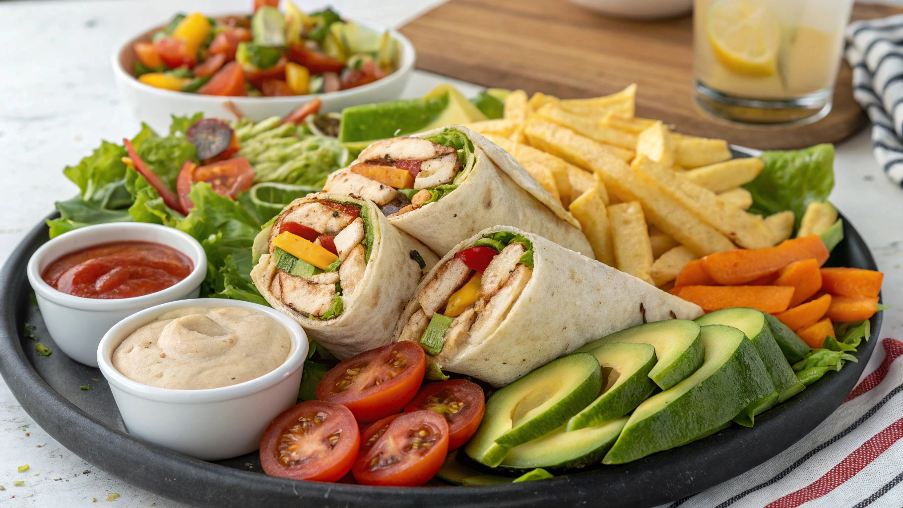 A platter of chicken wraps with grilled chicken, lettuce, tomatoes, and avocado, surrounded by colorful side dishes like a green salad, roasted vegetables, and French fries, accompanied by dipping sauces including ranch and sriracha mayo, with a glass of iced tea beside the platter.