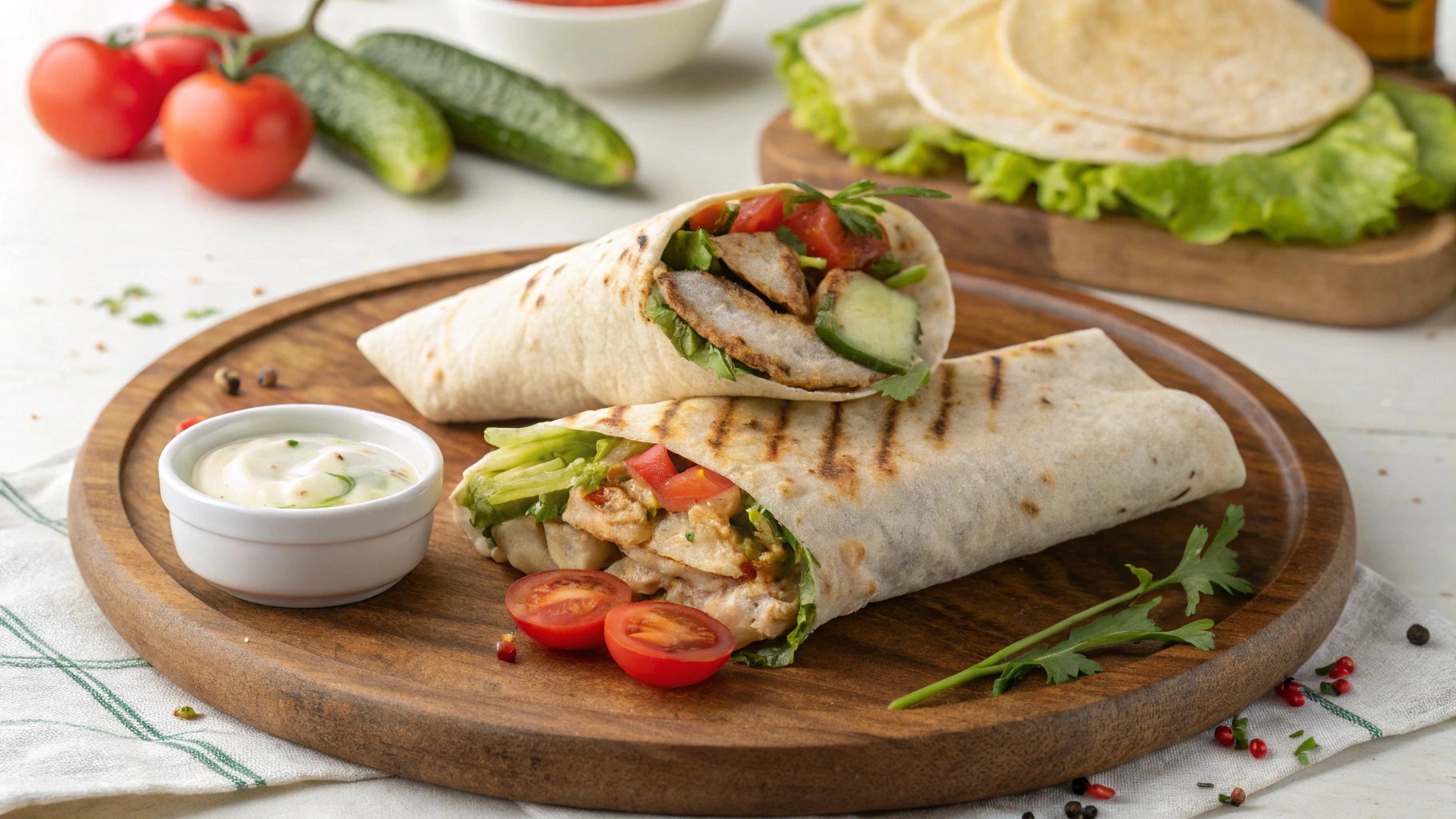 A close-up of a grilled chicken wrap sliced diagonally, filled with chicken, lettuce, tomatoes, cucumbers, and creamy sauce, served on a rustic wooden plate with fresh vegetable garnishes and a dipping sauce."