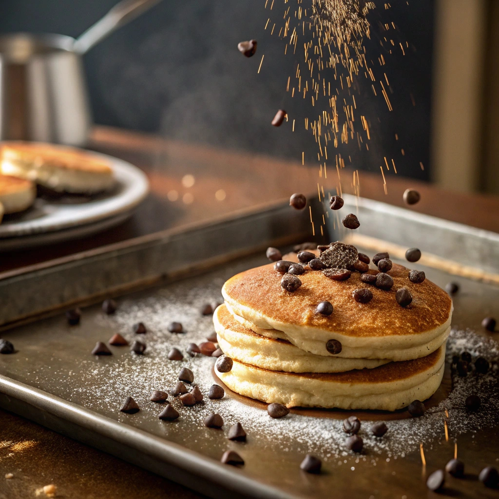 Sprinkling chocolate chips on a pancake on the griddle