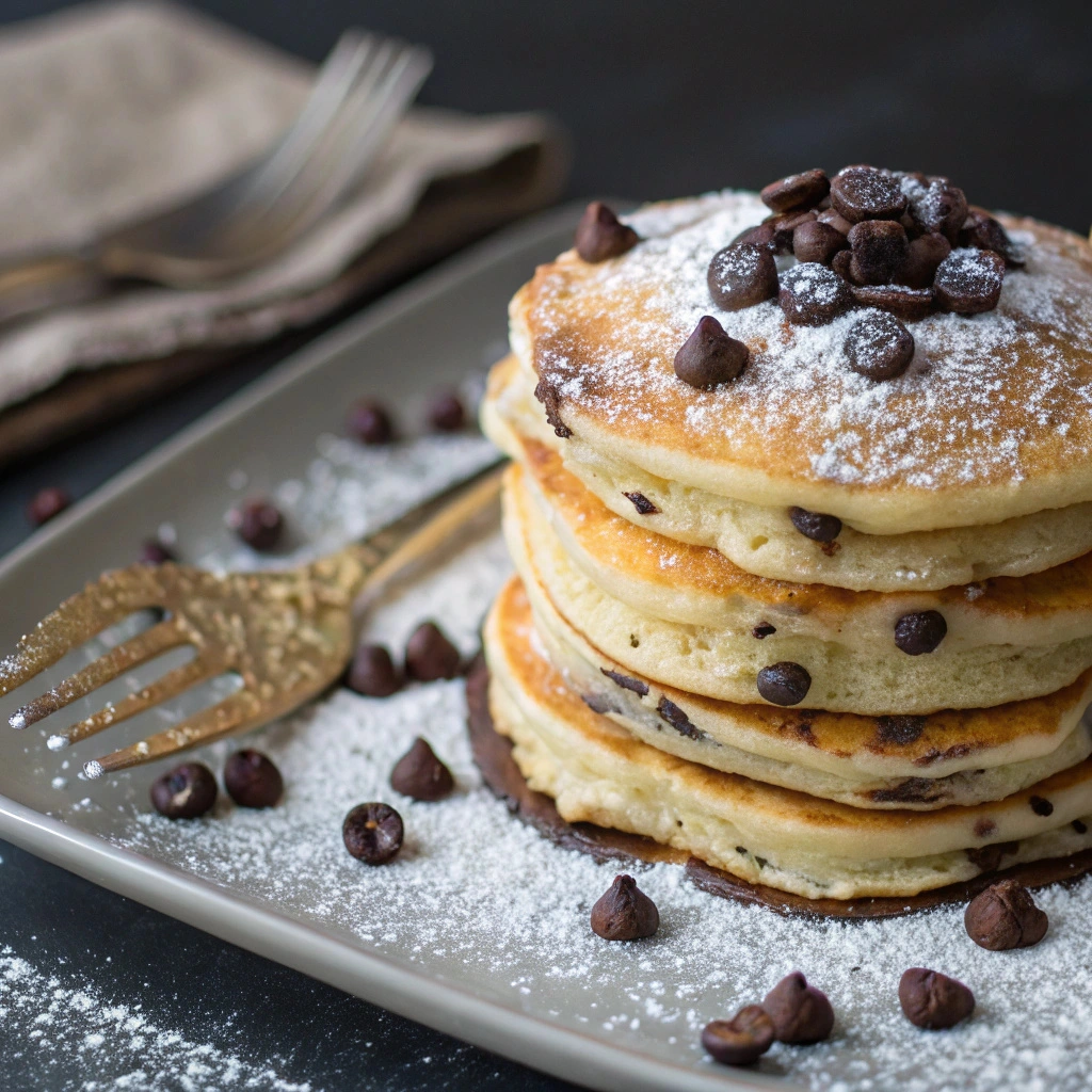 A plated stack of chocolate chip pancakes garnished with powdered sugar.