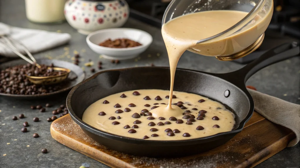 Pouring chocolate chip pancake batter into a hot skillet.