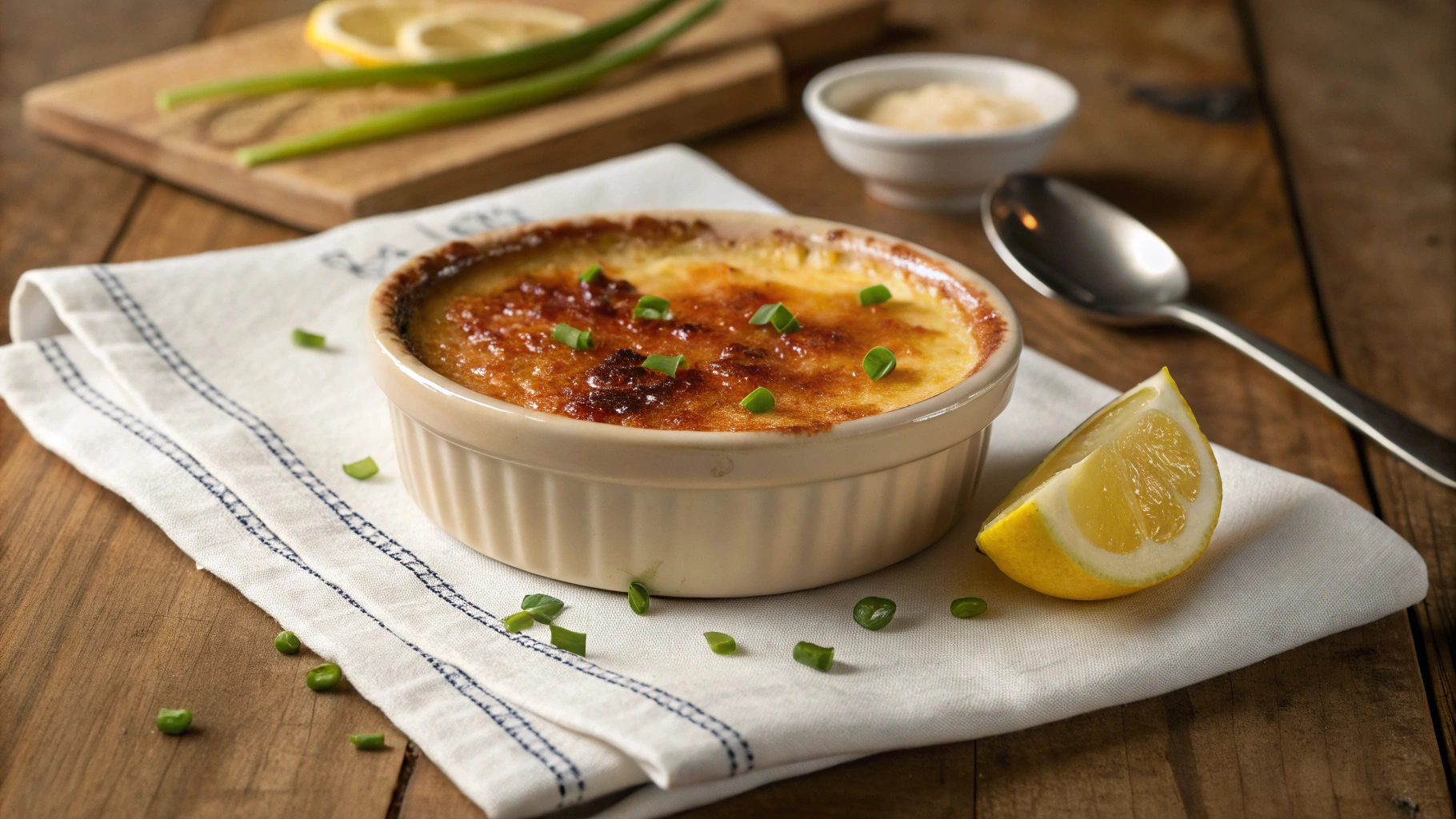 Crab Brulee served in a ramekin with caramelized sugar crust and garnished with chives.”