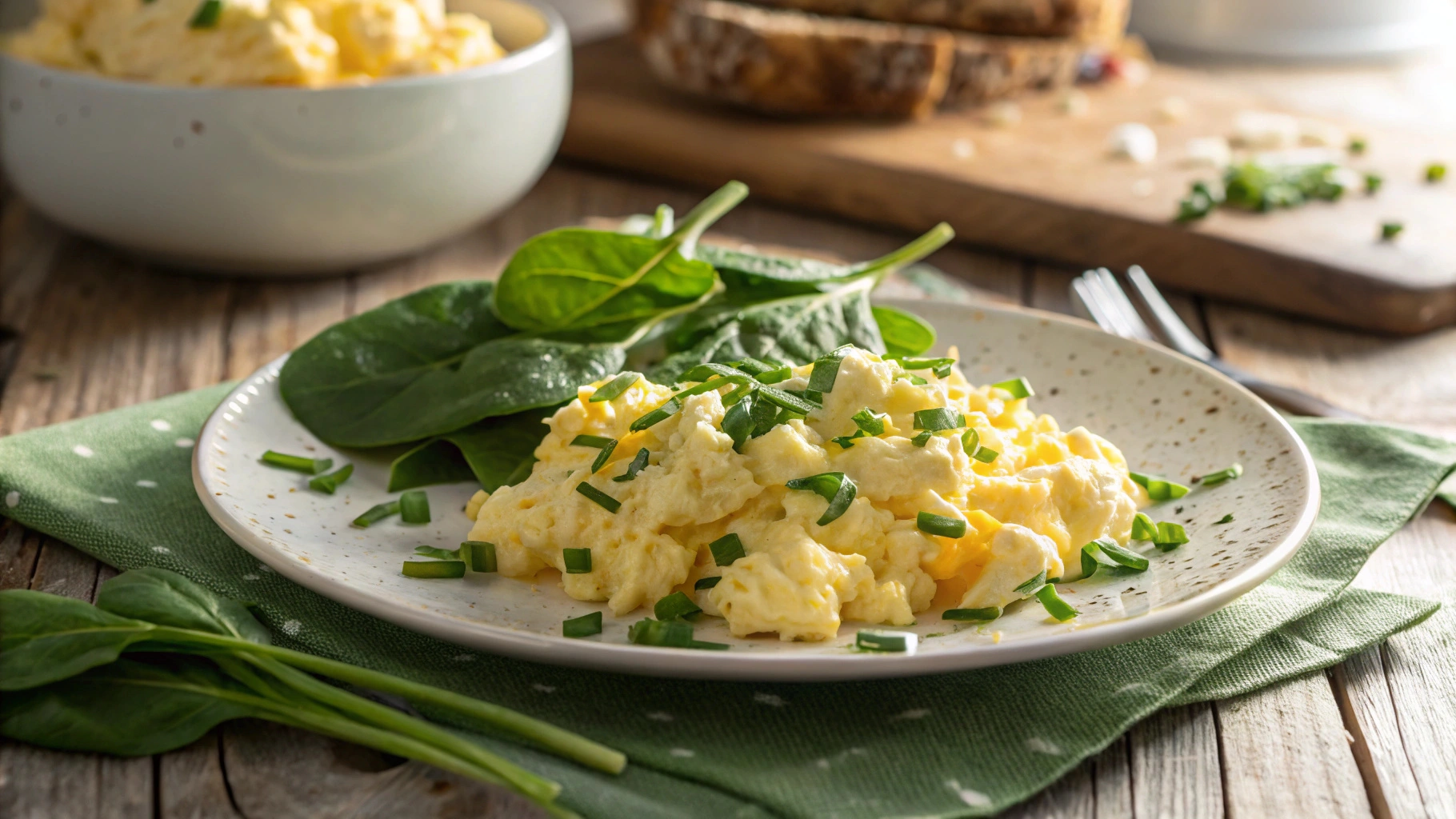 Scrambled cottage cheese eggs with fresh spinach and chives on a rustic table