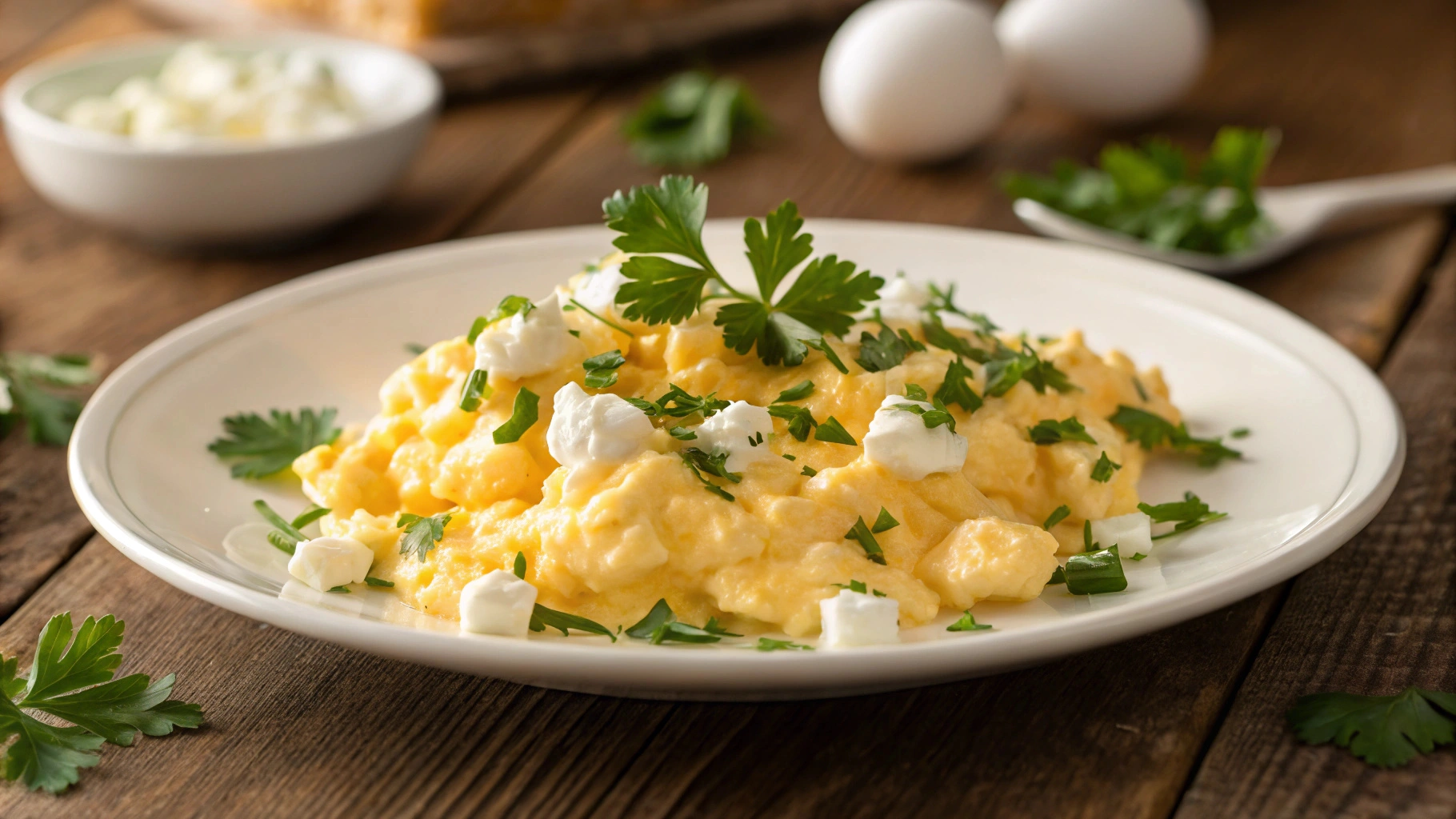 Scrambled eggs with cottage cheese garnished with parsley on a ceramic plate.