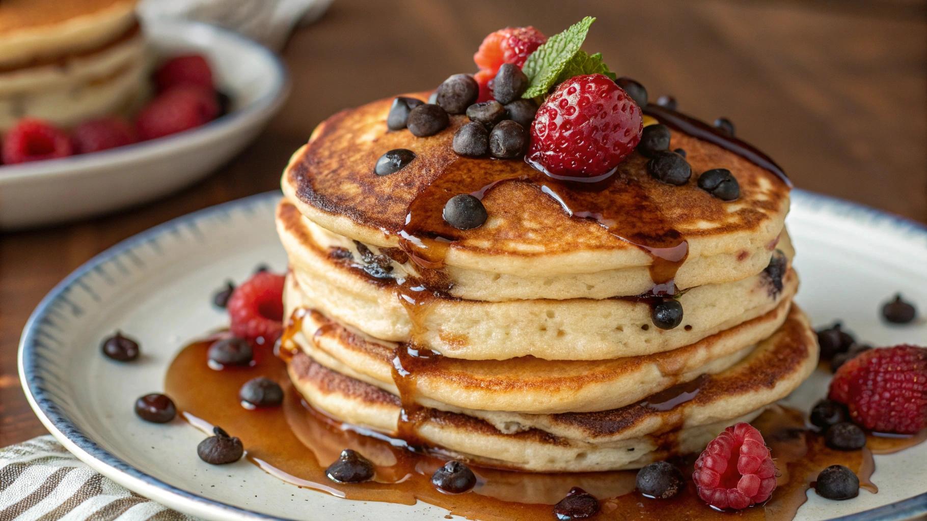 Stack of chocolate chip pancakes with syrup and fresh berries.