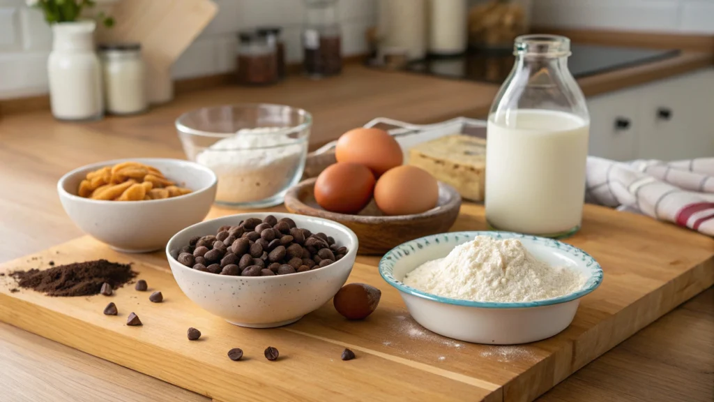 Ingredients for chocolate chip pancakes laid out on a wooden kitchen counter.