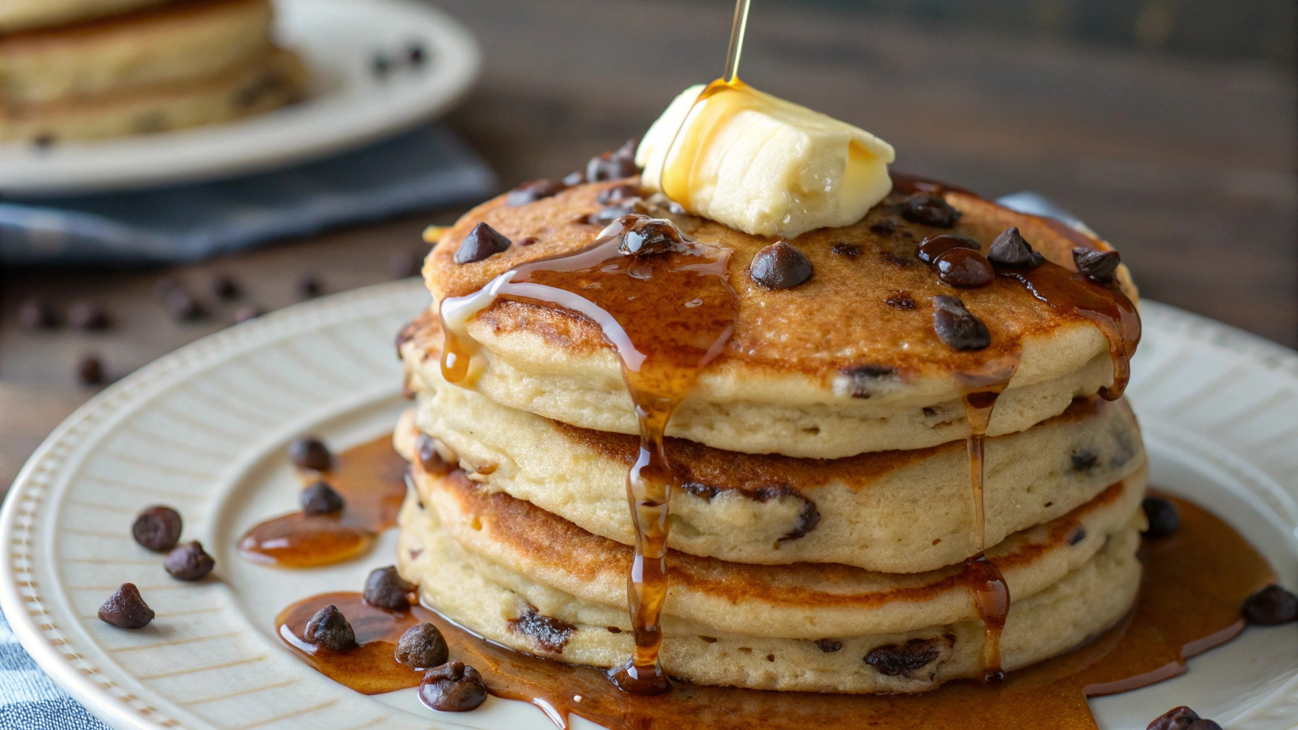 Close-up of a stack of golden-brown chocolate chip pancakes drizzled with syrup and topped with butter