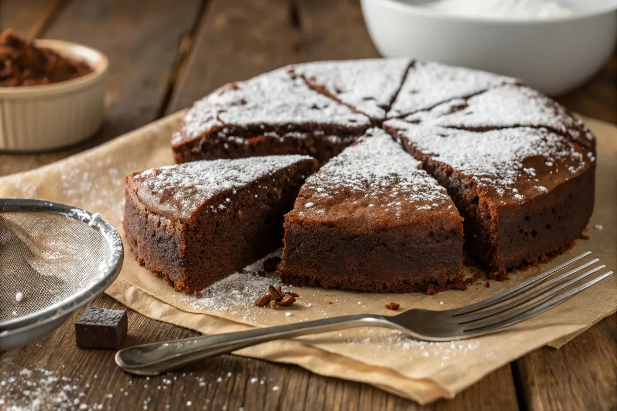 Brownie cake mix cake with powdered sugar on a wooden table