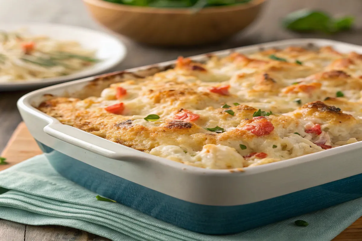 Golden baked crabmeat casserole topped with parsley.