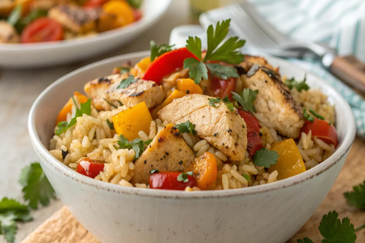 Flavorful chicken and rice with roasted vegetables.