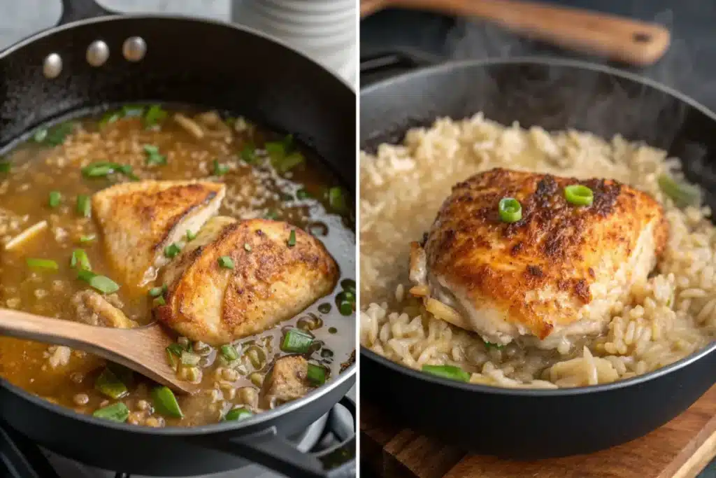 Cooking techniques for chicken and rice.