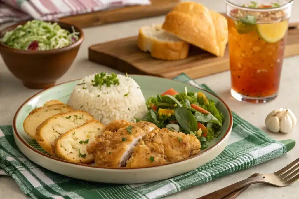 Chicken and rice served with sides.