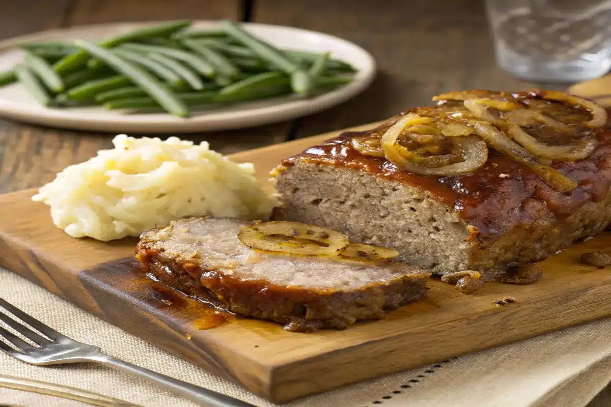 Sliced French Onion Meatloaf with melted cheese and caramelized onions, served with mashed potatoes.