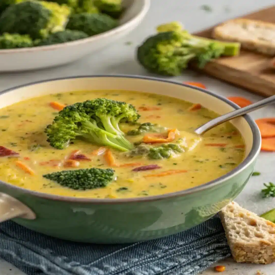 Bowl of creamy vegan broccoli cheddar soup