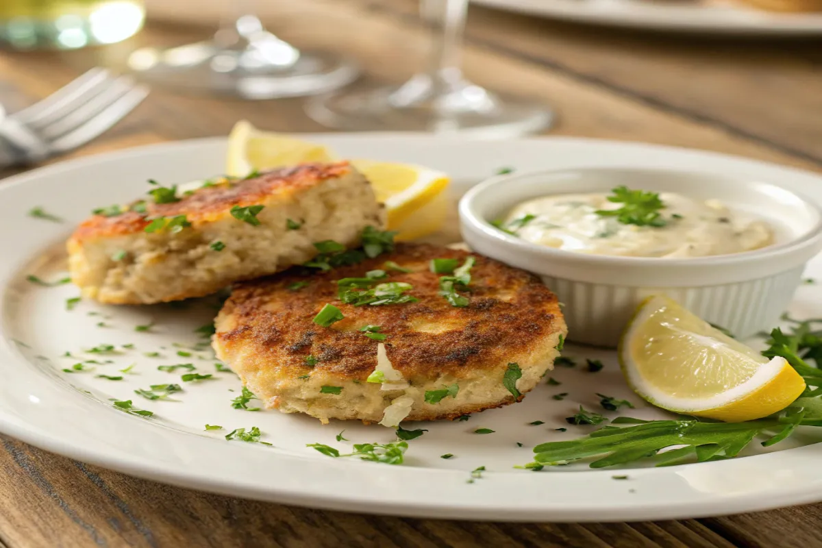 A close-up shot of gourmet crab cakes with crispy golden crust, garnished with parsley and lemon, served with remoulade sauce on a white plate.