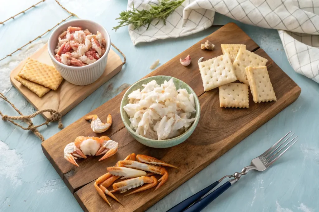 Different types of crab meat—lump, claw, and backfin—displayed on a wooden board with seafood utensils.