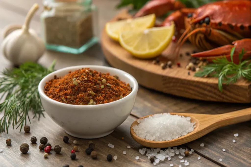 A variety of crab meat seasonings, including Old Bay, paprika, garlic, lemon zest, and fresh herbs, arranged on a rustic wooden table.