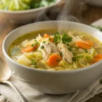 A steaming bowl of cabbage in chicken soup with shredded chicken, carrots, and fresh herbs, placed on a rustic wooden table.