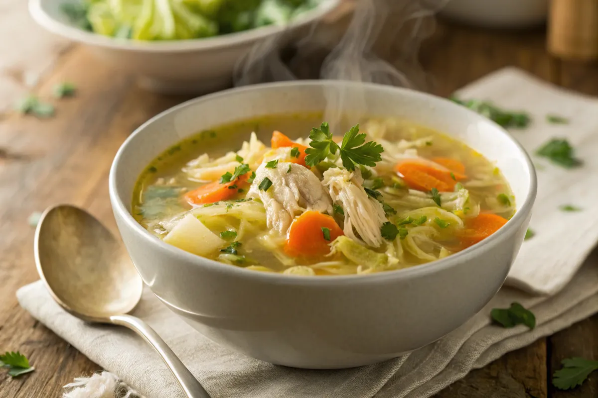 A steaming bowl of cabbage in chicken soup with shredded chicken, carrots, and fresh herbs, placed on a rustic wooden table.