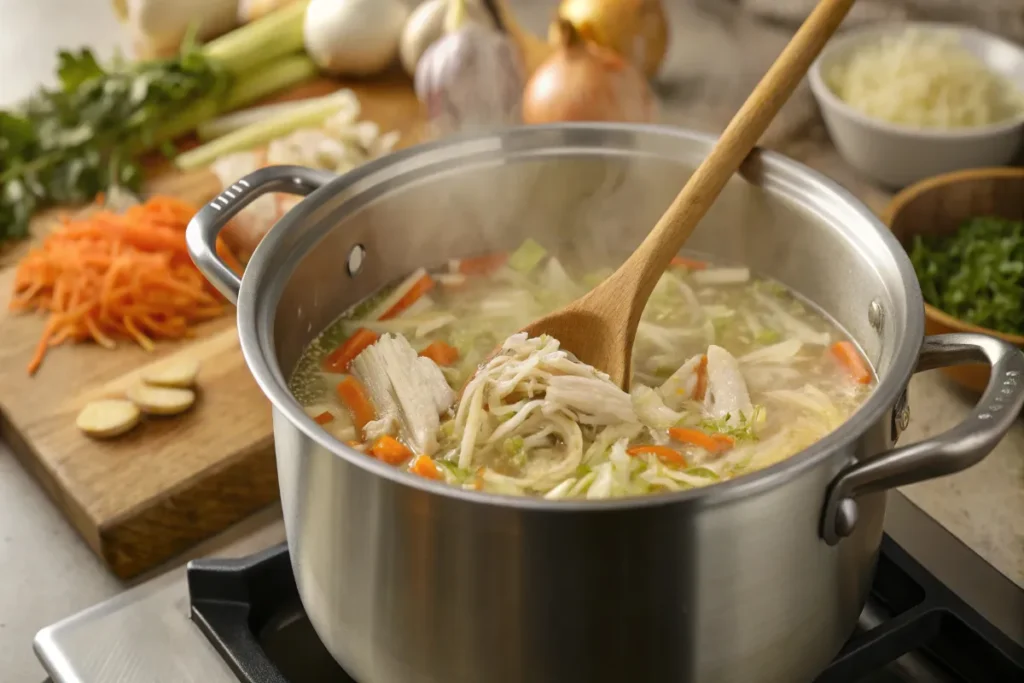 A pot of chicken and cabbage soup simmering on a stovetop with fresh ingredients.