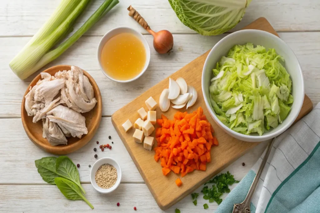 Fresh ingredients for cabbage in chicken soup, including chicken, cabbage, carrots, and spices, laid out on a rustic kitchen counter.