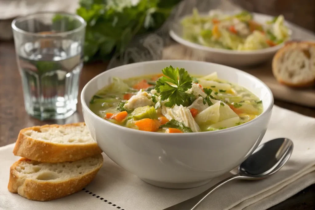 A beautifully served bowl of cabbage in chicken soup with a side of crusty bread and fresh parsley garnish.