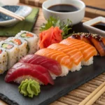 A premium sushi platter featuring different types of salmon, including nigiri, sashimi, and rolls, garnished with wasabi and soy sauce.