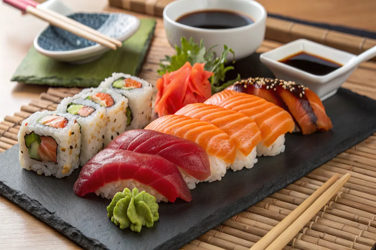 A premium sushi platter featuring different types of salmon, including nigiri, sashimi, and rolls, garnished with wasabi and soy sauce.