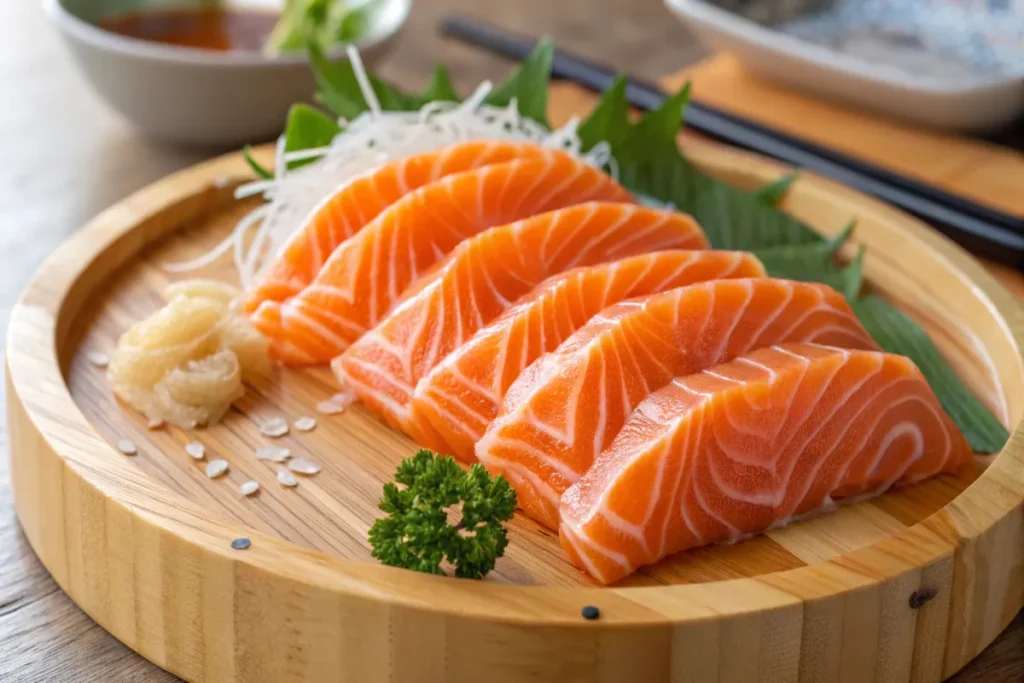 Best Salmon for Sushi:Fresh salmon sashimi on a wooden sushi platter with a sushi chef in the background.