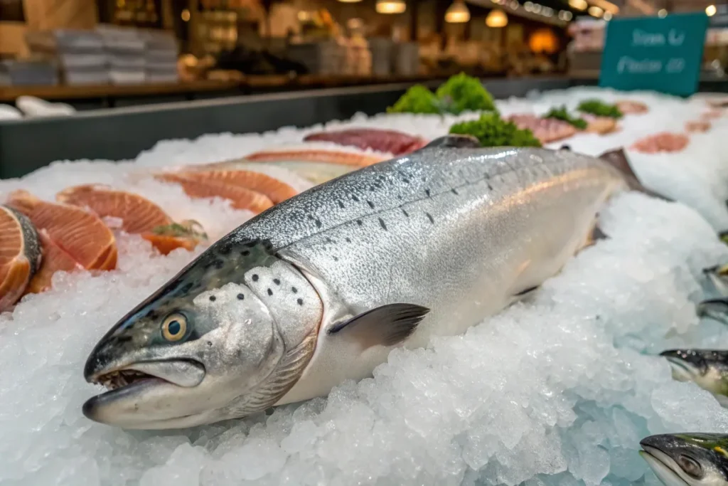 A whole King salmon on ice at a fish market, with a sushi chef selecting a fillet.