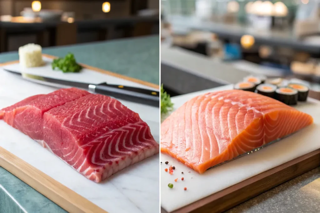 Side-by-side comparison of wild and farmed salmon fillets, highlighting texture and color differences.