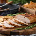 Juicy smoked chicken breast sliced on a wooden platter with a smoky background and fresh herbs.