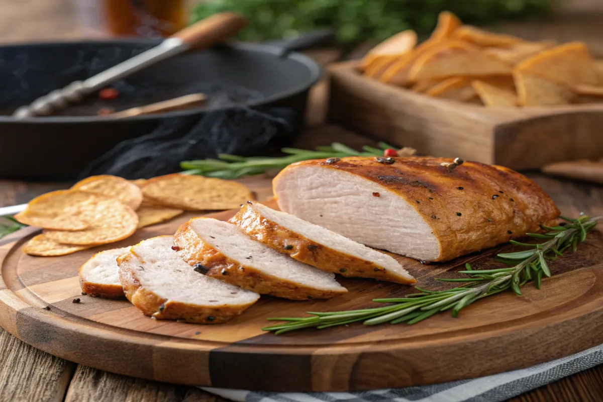 Juicy smoked chicken breast sliced on a wooden platter with a smoky background and fresh herbs.