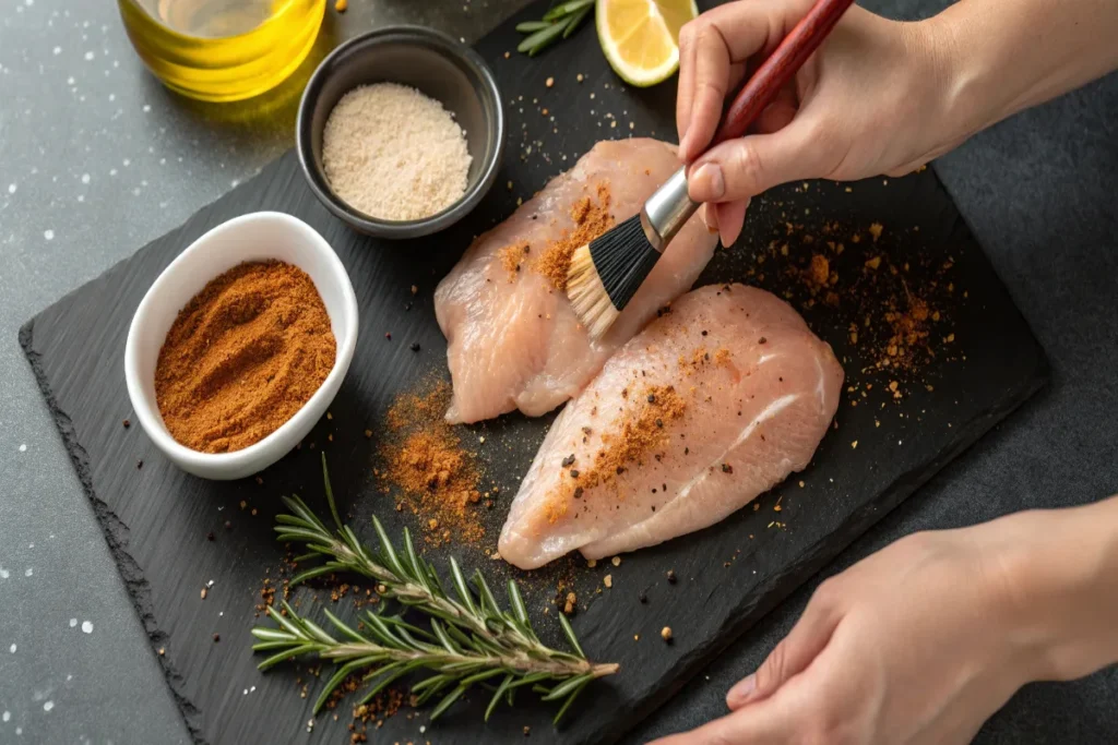 Raw chicken breast being coated with a flavorful dry rub of paprika, garlic, and brown sugar.