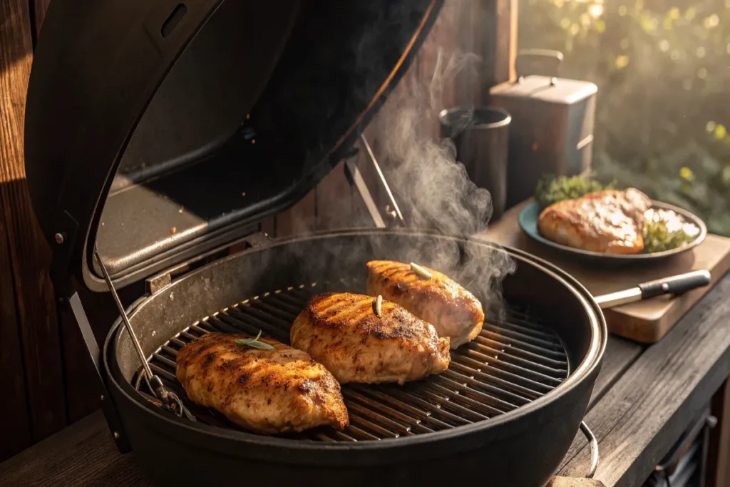 Chicken breasts cooking inside a smoker at 225°F, surrounded by flavorful wood smoke.