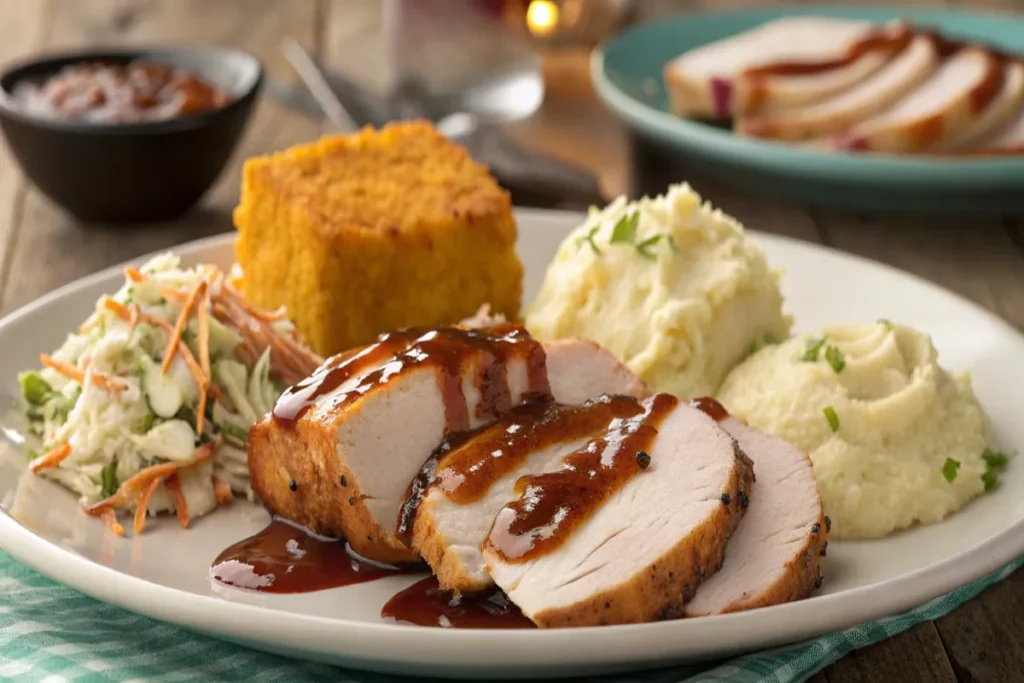 A plated smoked chicken breast served with coleslaw, mashed potatoes, cornbread, and BBQ sauce.