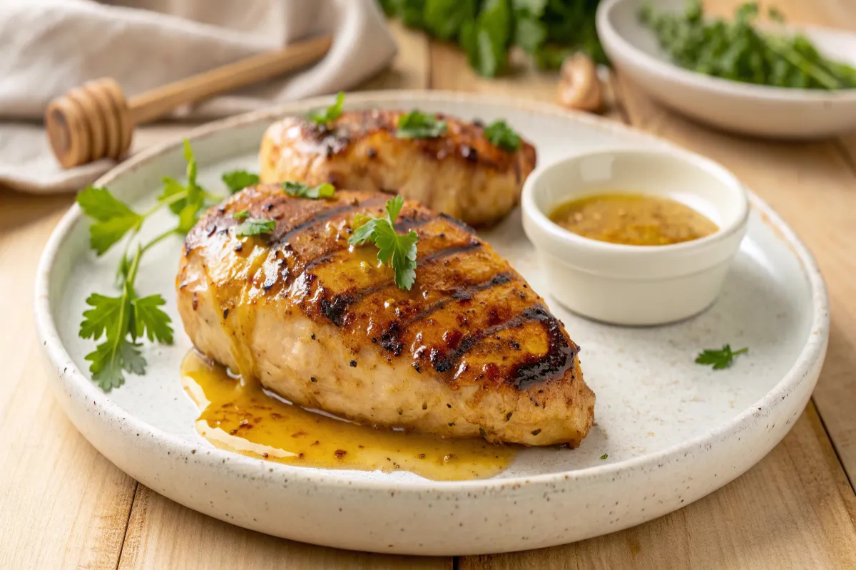 Perfectly glazed honey mustard chicken with a golden caramelized surface, garnished with fresh parsley and served with extra sauce.