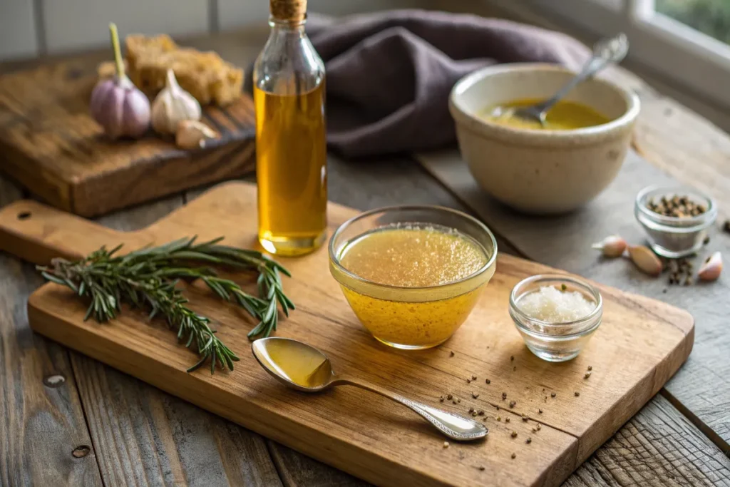 Fresh honey mustard marinade ingredients, including honey, Dijon mustard, apple cider vinegar, olive oil, garlic, and herbs, arranged on a wooden counter.