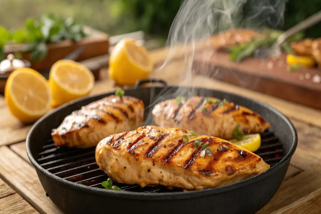 Grilled honey mustard chicken with golden caramelization and perfect grill marks on a barbecue.