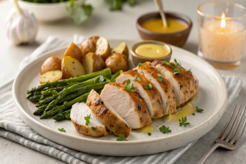 Sliced honey mustard chicken plated with roasted potatoes, asparagus, and extra sauce for dipping.