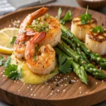 Gourmet shrimp and scallop dish with fresh parsley, lemon wedges, and roasted asparagus on a wooden plate.