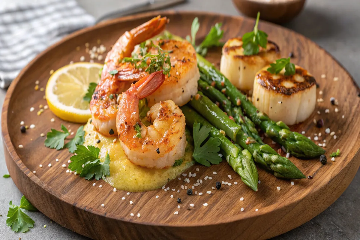 Gourmet shrimp and scallop dish with fresh parsley, lemon wedges, and roasted asparagus on a wooden plate.