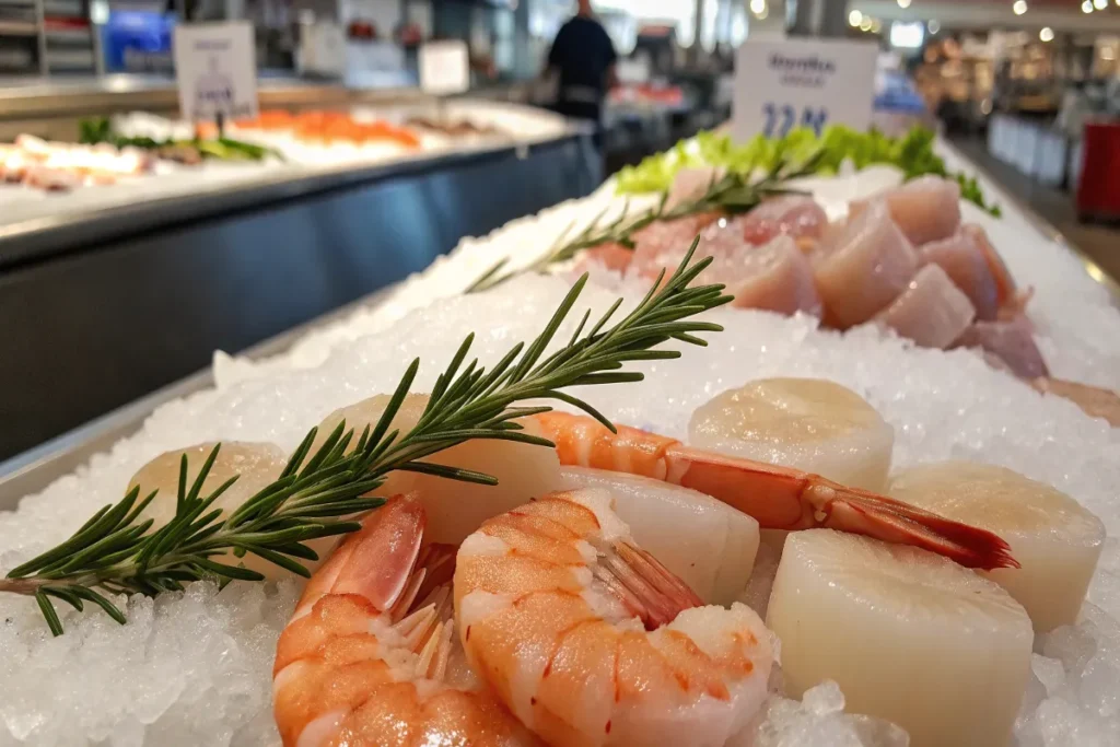 Fresh shrimp and scallops on crushed ice, garnished with lemon wedges and rosemary at a seafood market.