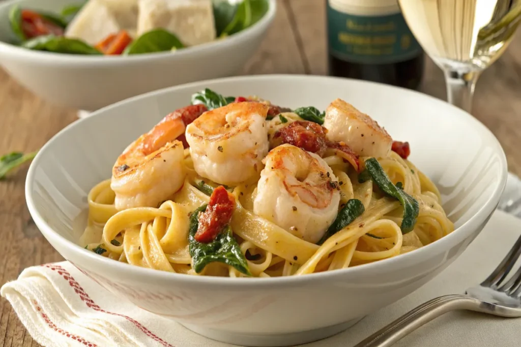 Creamy Tuscan seafood pasta with shrimp, scallops, sun-dried tomatoes, and Parmesan, served in a white bowl.