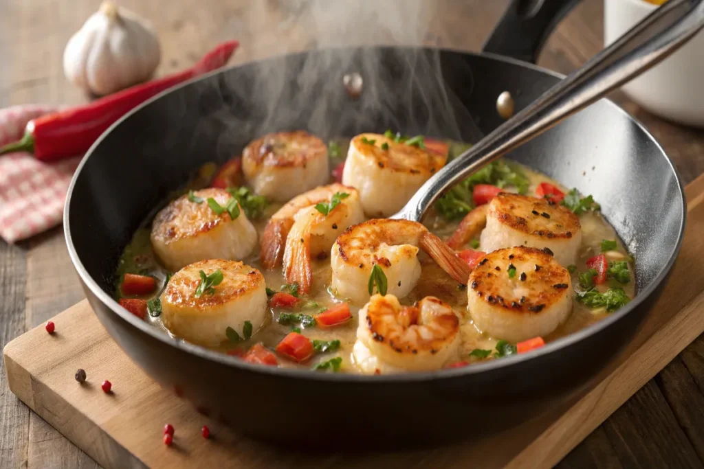 Pan-seared shrimp and scallops cooking in garlic butter with fresh herbs, captured in a sizzling pan.