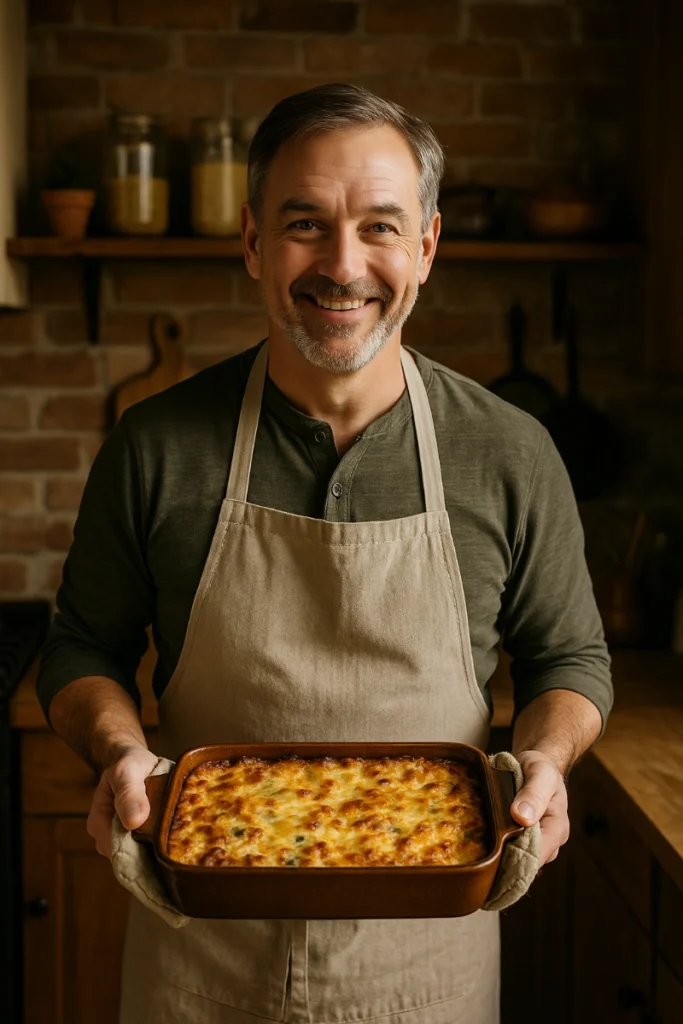 Middle-aged man named Thomas smiling in a rustic kitchen while holding a golden-baked casserole in a brown dish.