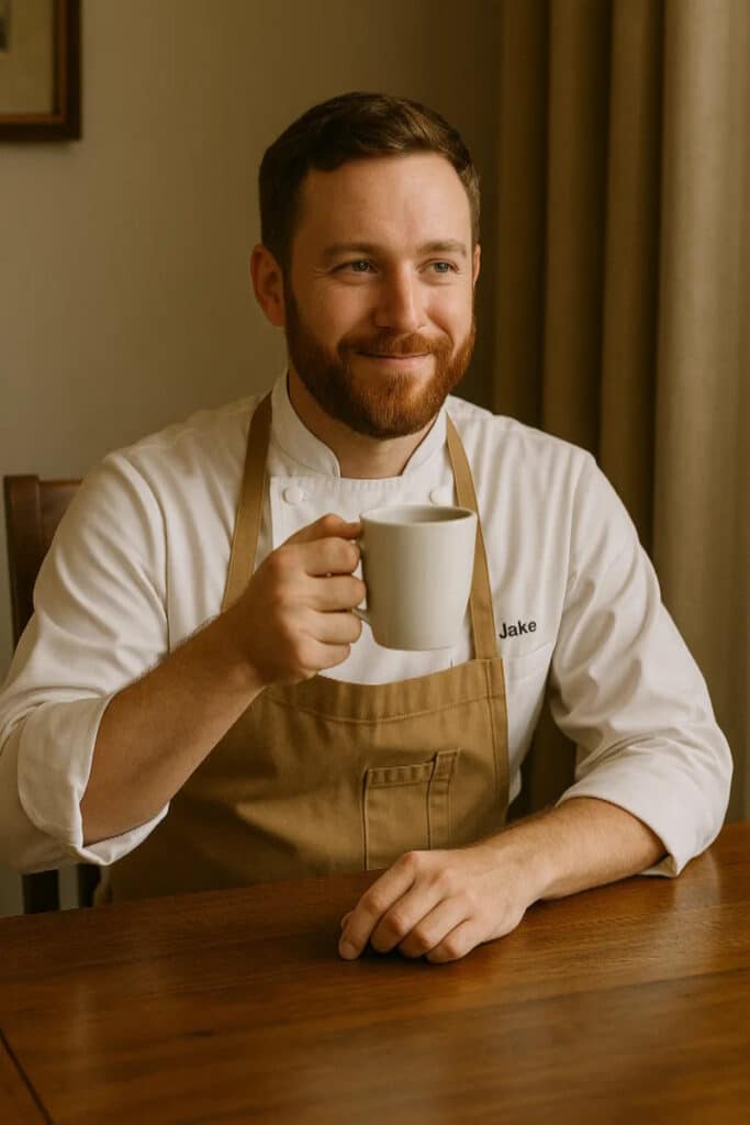 Jake Hollander, professional American chef and food blogger, smiling in a white chef's jacket and beige apron while enjoying a cup of coffee at his wooden dining table in Asheville, NC.