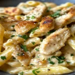 creamy garlic Parmesan chicken pasta in white bowl